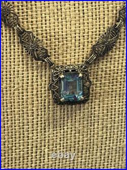 Antique Art Deco filigree Blue Topaz Necklace 16