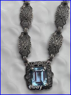 Antique Art Deco filigree Blue Topaz Necklace 16