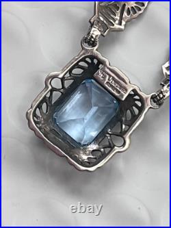 Antique Art Deco filigree Blue Topaz Necklace 16