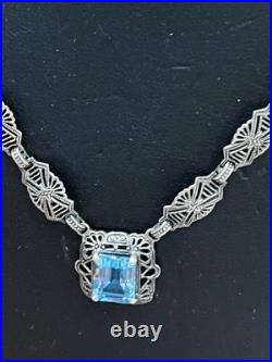 Antique Art Deco filigree Blue Topaz Necklace 16