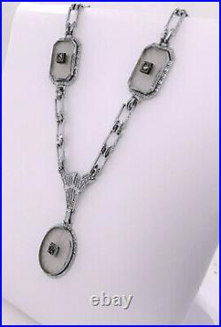 Antique Art Deco filigree camphor glass lavalier necklace oval & rectangular 17
