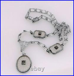 Antique Art Deco filigree camphor glass lavalier necklace oval & rectangular 17