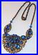 Antique Art Nouveau Deco Cobalt Blue Glass Stamped Goldtone Flowers Necklace
