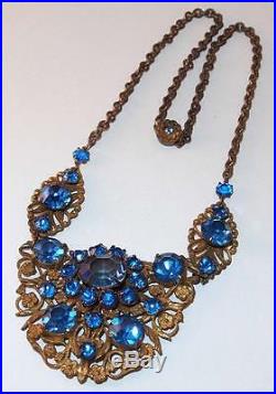 Antique Art Nouveau Deco Cobalt Blue Glass Stamped Goldtone Flowers Necklace