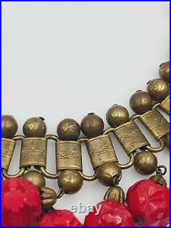 Antique Brass Book Chain Art Deco Red Czech Glass Dangles Necklace