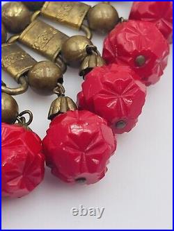 Antique Brass Book Chain Art Deco Red Czech Glass Dangles Necklace