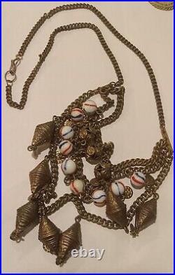 Antique Brass Coin Tassel Early Miriam Haskell Glass Bead Art Deco Necklace