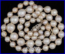 Antique C 1940 Art Deco 14k Yellow Gold Lustrous Graduated Akoya Pearl Necklace