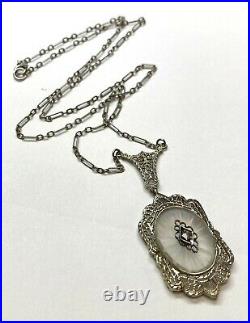 Antique Camphor Glass Art Deco Diamond Solid 14K White Gold Pendant Necklace 16