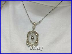 Antique Camphor Glass Art Deco Diamond Solid 14K White Gold Pendant Necklace 16