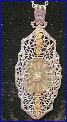 Antique Camphor Glass Crystal Necklace vintage Art Deco 1920 Rhodium Filigree 22