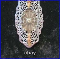 Antique Camphor Glass Crystal Necklace vintage Art Deco 1920 Rhodium Filigree 22