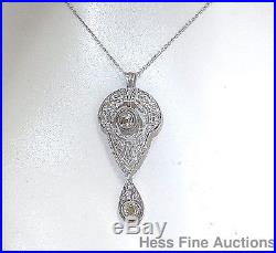 Antique Champagne Diamond Platinum Art Deco 14K Gold Filigree Pendant Necklace