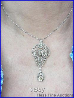 Antique Champagne Diamond Platinum Art Deco 14K Gold Filigree Pendant Necklace