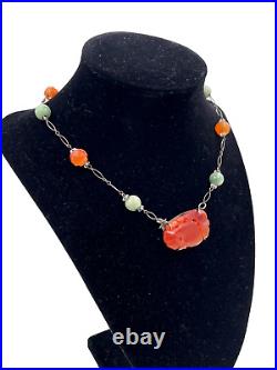 Antique Chinese Export ART DECO Necklace Carved Carnelian SHOU Beads STERLING Si