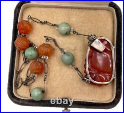 Antique Chinese Export ART DECO Necklace Carved Carnelian SHOU Beads STERLING Si