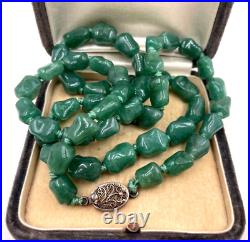 Antique Chinese Export Old Art Deco Necklace Carved Jade Nuggets Beads Graduated