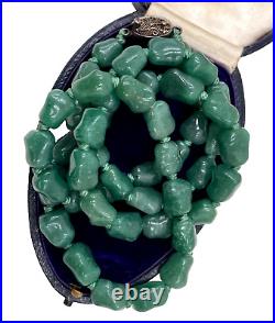 Antique Chinese Export Old Art Deco Necklace Carved Jade Nuggets Beads Graduated