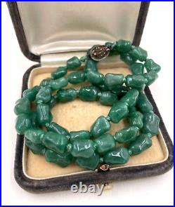 Antique Chinese Export Old Art Deco Necklace Carved Jade Nuggets Beads Graduated