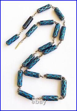 Antique Chinese Sterling Silver Art Deco Blue Enamel Tube Chain Large Necklace