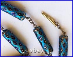 Antique Chinese Sterling Silver Art Deco Blue Enamel Tube Chain Large Necklace