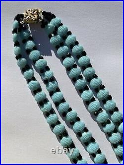 Antique Czech Art Deco Double Row Turquoise Molded Glass Bead Collar Necklace