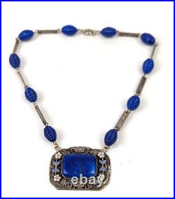 Antique Czech Art Deco Nouveau Blue Lapis Glass Enamel Flower Filigree Necklace