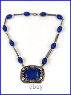 Antique Czech Art Deco Nouveau Blue Lapis Glass Enamel Flower Filigree Necklace
