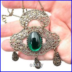 Antique Czech Art Deco Womens Necklace Gold Tone Green Glass 1920s Era