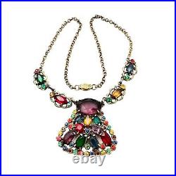 Antique Czech Art Deco Womens Necklace Gold Tone Multicolor Glass 1920s Era