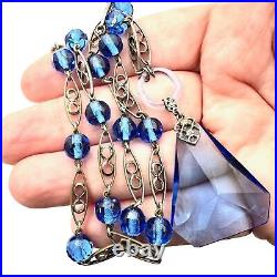 Antique Czech Art Deco Womens Necklace Silver Tone Blue Glass 1920s Era