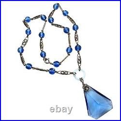 Antique Czech Art Deco Womens Necklace Silver Tone Blue Glass 1920s Era