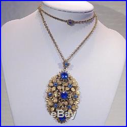 Antique Czech Art Deco filigree floral pendant necklace blue paste rhinestones