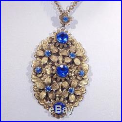Antique Czech Art Deco filigree floral pendant necklace blue paste rhinestones