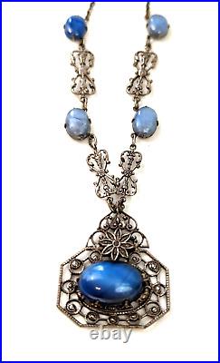 Antique Czech Blue Opal Glass Art Deco Ornate Rhodium Filigree Necklace 18