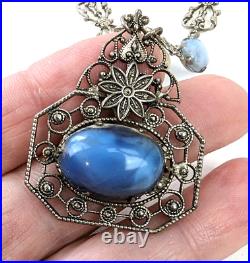 Antique Czech Blue Opal Glass Art Deco Ornate Rhodium Filigree Necklace 18