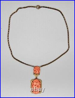 Antique Czech Carved Coral Celluloid Brass Art Deco Lavalier Floral Necklace