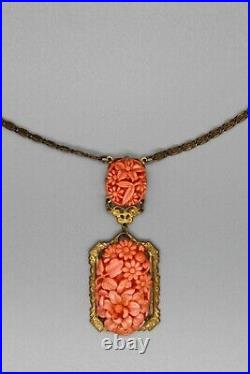 Antique Czech Carved Coral Celluloid Brass Art Deco Lavalier Floral Necklace