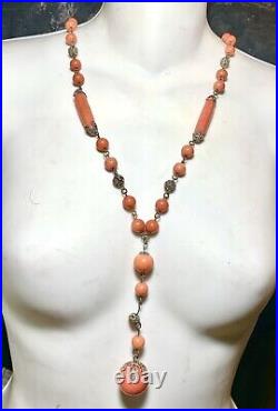 Antique Czech Glass Faux Salmon Coral Filigree Art Deco Nouevau Lariat Necklace