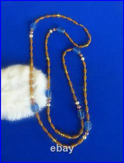 Antique Czech Honey & Blue color glass long necklace 48 long Art Deco