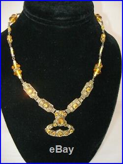 Antique Czech Necklace, 1920's Gilt Brass & Glass Bezel Set Citrine Art Deco