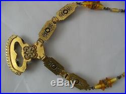 Antique Czech Necklace, 1920's Gilt Brass & Glass Bezel Set Citrine Art Deco