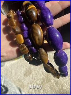 Antique Deco Chinese Export Tiger Eye Hand Knotted Necklace Silver Charoite