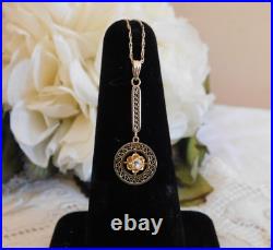 Antique Diamond 10K Gold Filigree Drop Pendant Necklace Art Deco