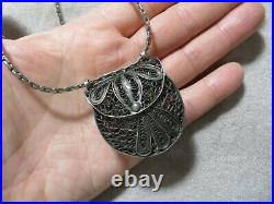 Antique Edwardian/Art Deco 800 Silver Filigree Coin Purse Locket Chain Necklace