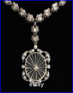 Antique Edwardian Art Deco Sterling Bookchain Camphor Glass R/s/paste Necklace