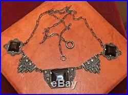 Antique Estate Sterling Silver Necklace Art Deco Black Onyx Gemstone Marcasite