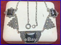 Antique Estate Sterling Silver Necklace Art Deco Black Onyx Gemstone Marcasite