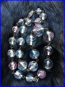 Antique French Crystal Art Deco Bi color carved molded swirl glass bead necklace