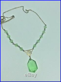 Antique Glass Necklace Choker Art Deco gilt metal Fantastic green design 1920s
